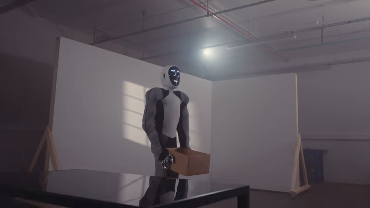 1X EVE humanoid robot, a wheeled white-and-grey robot with a black screen face, holding a cardboard box in a studio.