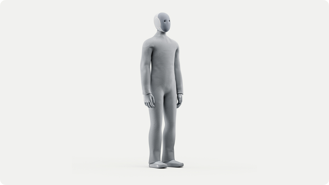A knit-covered humanoid robot in light gray, full body, standing front-facing on a plain light background.