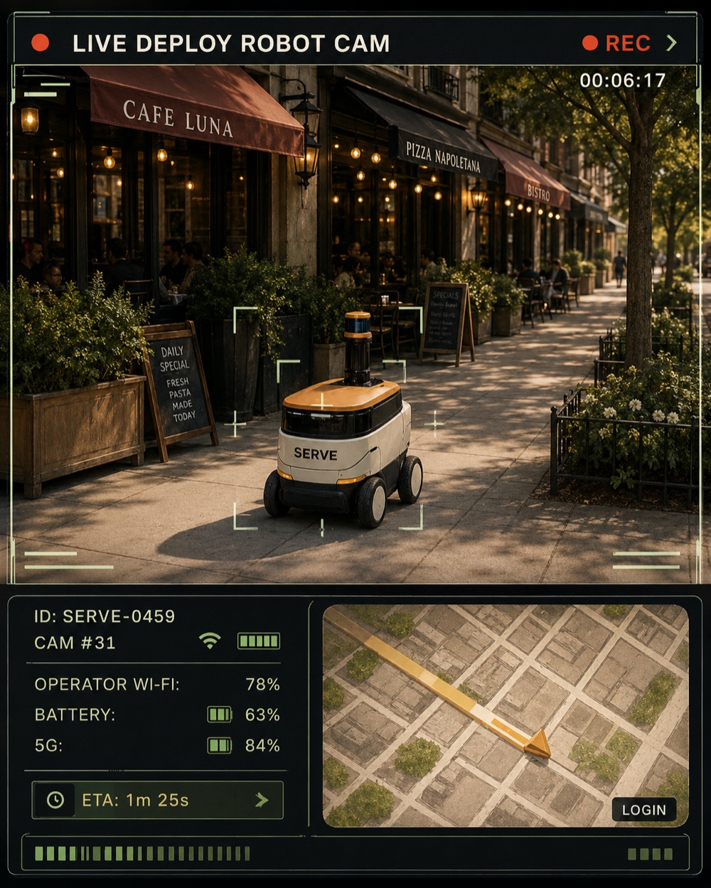 Concept illustration of a DEPLOY robot-cam viewfinder showing a Serve delivery robot on a city sidewalk