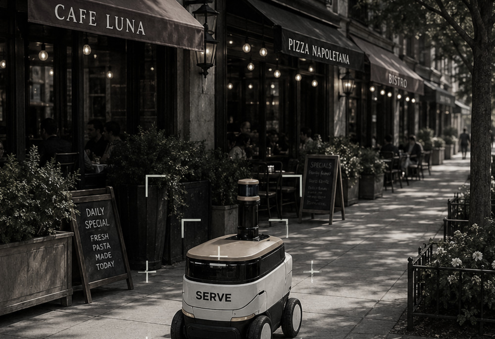 Desaturated street scene where delivery robots run, with a Serve sidewalk robot on the pavement