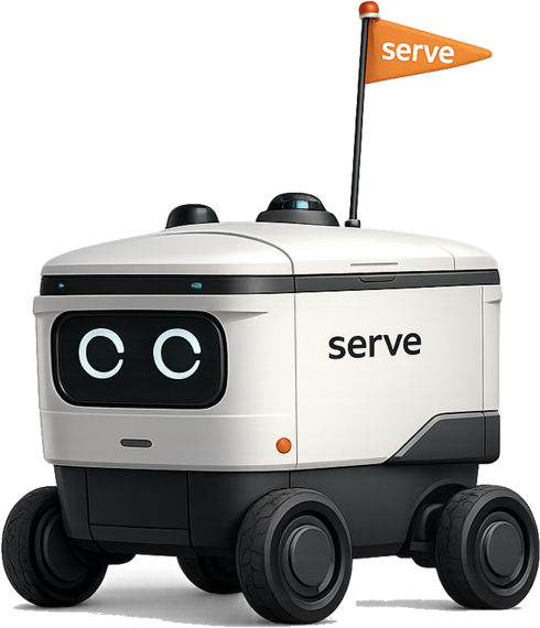 Serve four-wheeled sidewalk delivery robot with a light-up face