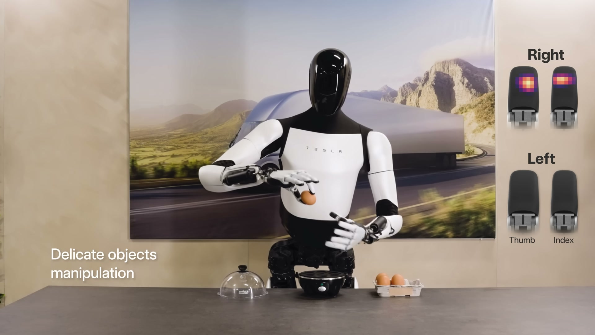 A Tesla Optimus robot holding an egg between the fingertips of one hand over a small egg cooker, with a right/left fingertip tactile-sensor heatmap overlay and a Cybertruck backdrop.