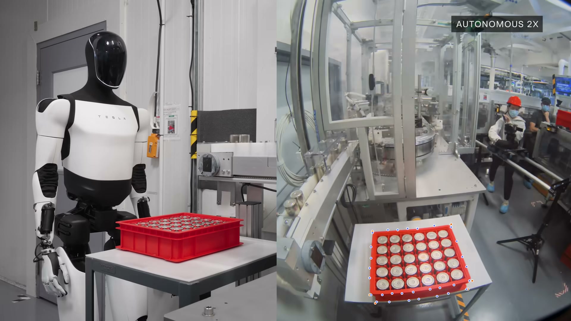 Split frame: on the left a production-design Tesla Optimus with the TESLA chest wordmark stands beside a red tray of cylindrical battery cells on a stand in a factory; on the right an 'AUTONOMOUS 2X' labelled close view of the same cell tray on a production line with workers.