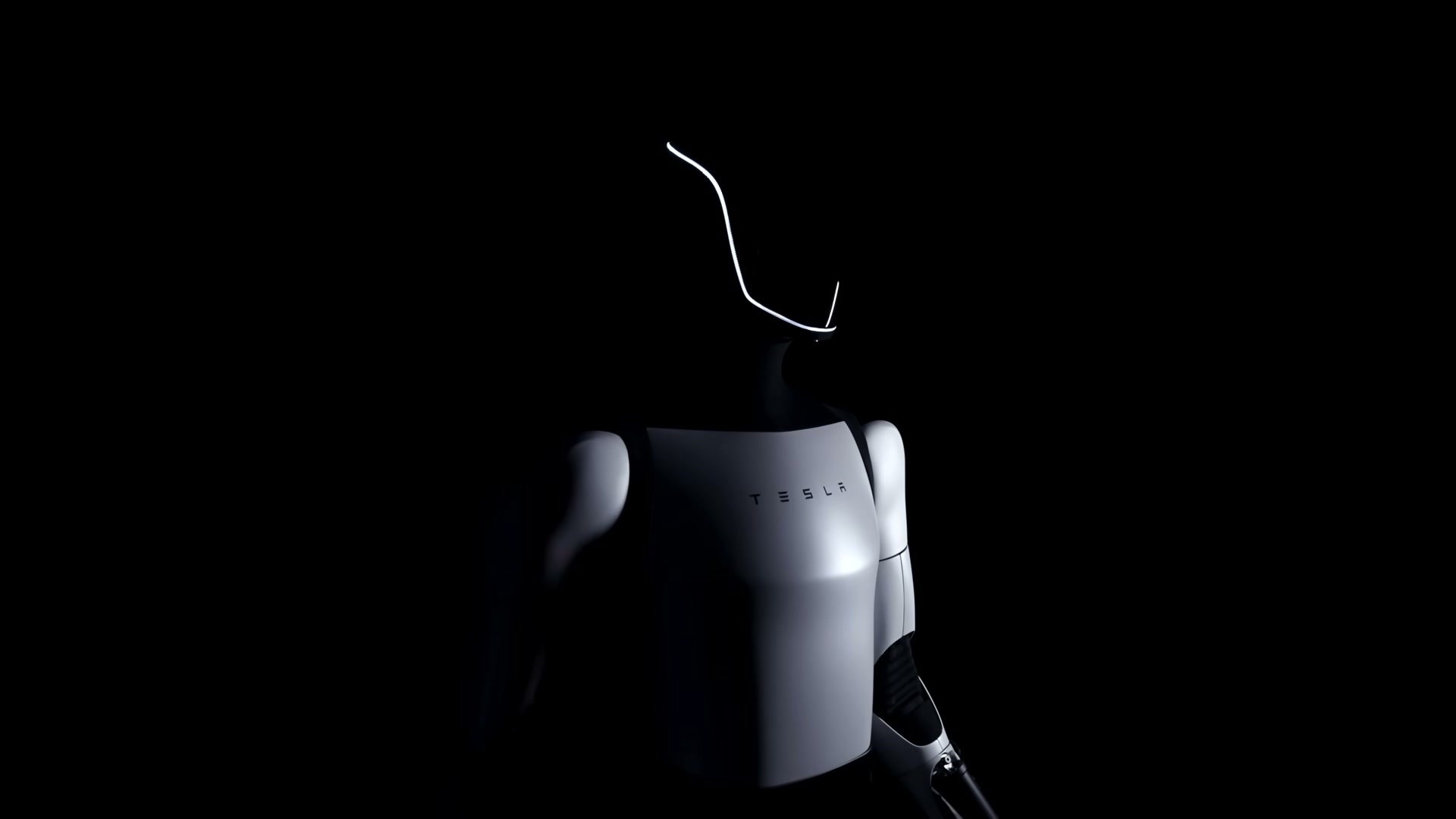 A close view of the Tesla Optimus (Gen 2) upper torso against a black background, the white chest panel carrying the 'TESLA' wordmark and the edge of the head traced by a thin lit outline.