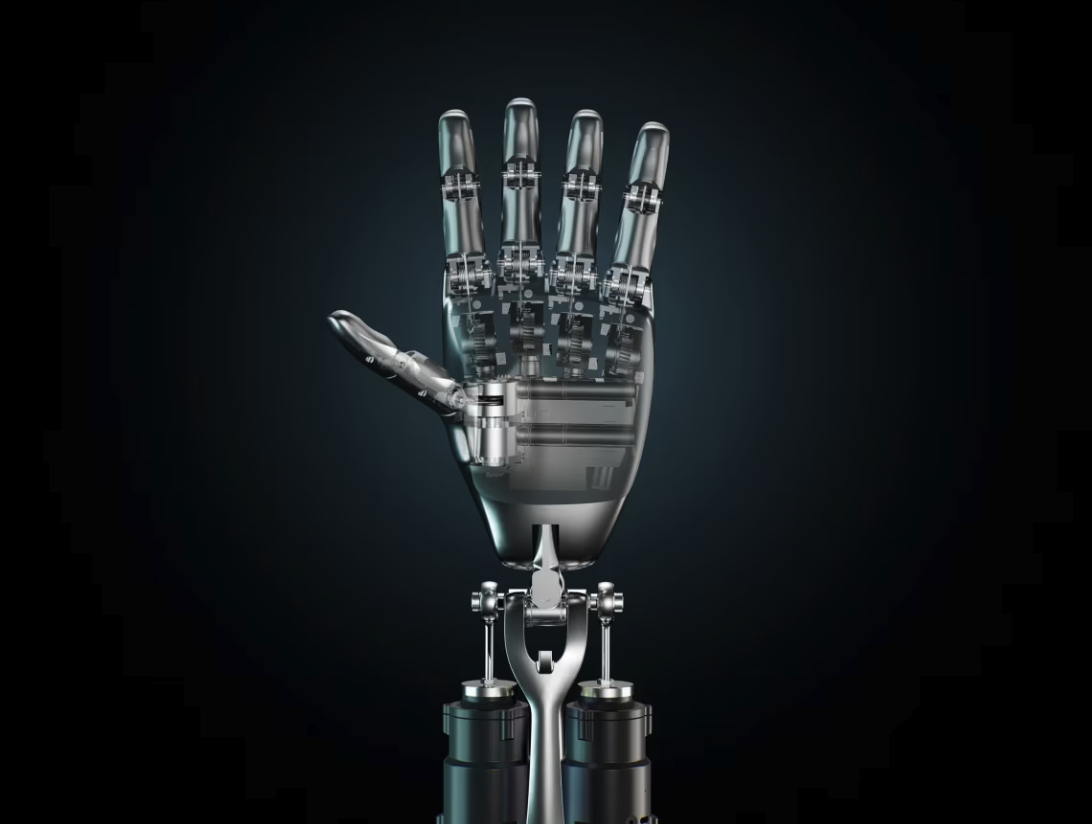 Close-up of a robotic hand, palm facing forward with fingers spread, internal finger mechanisms visible, on a dark background.