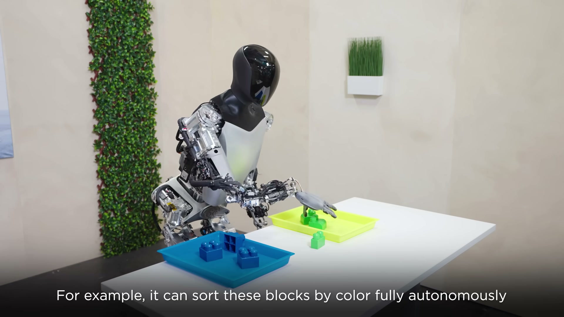 A Tesla Optimus robot with exposed internals bending forward over a white studio table, its open five-finger hand reaching toward green toy blocks on a yellow tray, with a blue tray of blue blocks in the foreground, captioned 'it can sort these blocks by color fully autonomously'.
