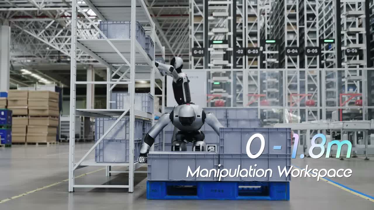 UBTech Walker S2 humanoid robots handling totes on warehouse shelving. Still from the official UBTech video introducing the Walker S2 industrial humanoid (2025); the frame carries the video's own on-screen caption.