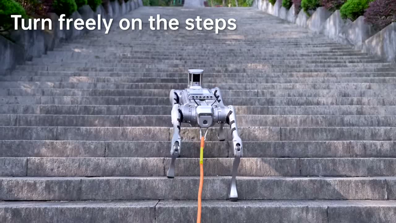 Unitree B2 quadruped robot, a silver-and-black four-legged robot with a sensor mast, walking down a wide outdoor stone staircase. The source video overlays the text "Turn freely on the steps".