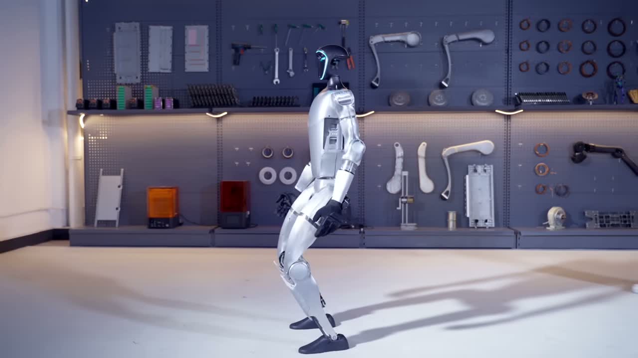 Unitree G1 humanoid robot in a workshop. Still from the official Unitree video introducing the G1 humanoid (2024).